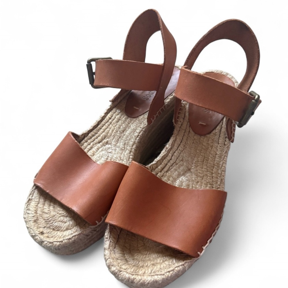Soludos Brown Leather Espadrille Platform Sandals-9 - Picture 2 of 7